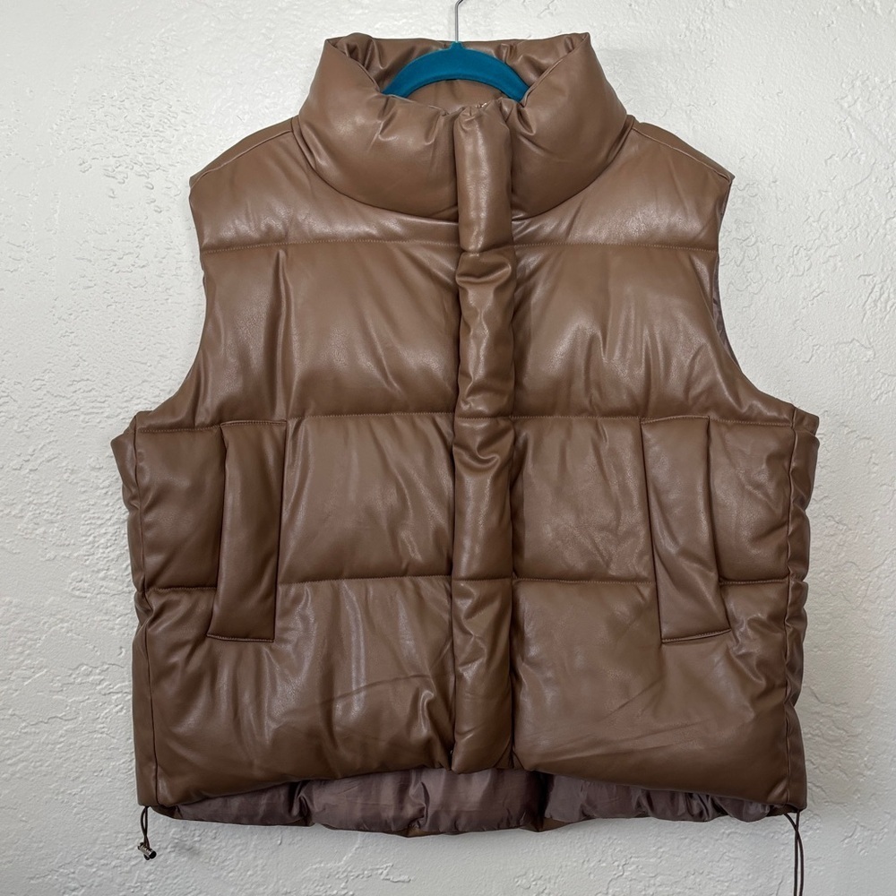 Petal Dew Faux Leather High Collar Sleeveless Brown Puffer Vest L